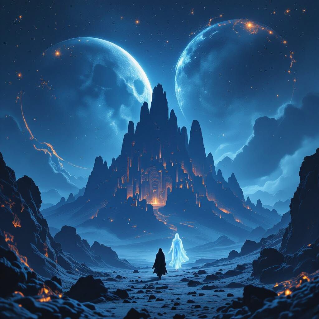 Ethereal Spirit Following Woman on Moon in Matte Painting St...