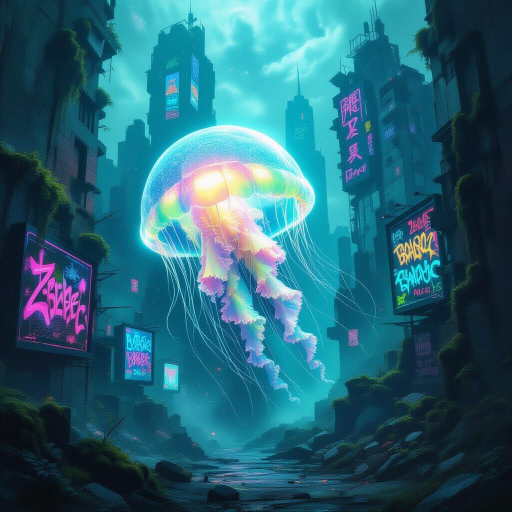 Bioluminescent Jellyfish in Alien City Ruins