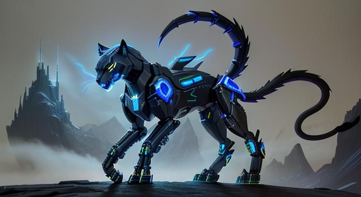 Cybernetic Panther Prowling Dark City Streets