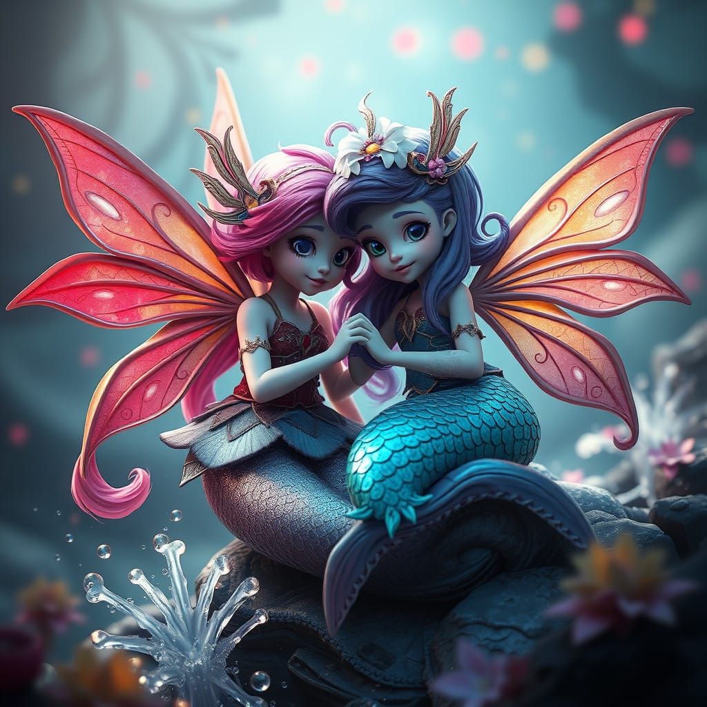 Surreal Fantasy Scene of Fairy and Mermaid Friendship in Det...