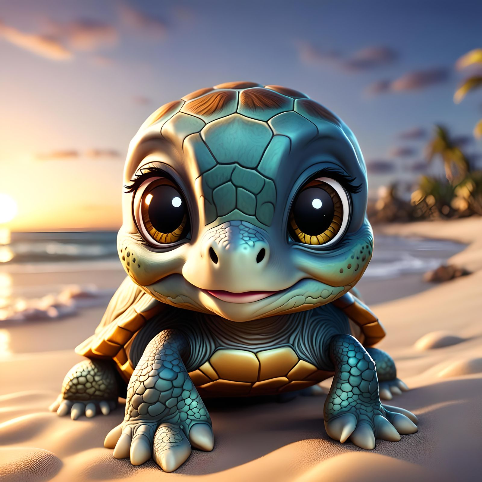 Adorable Chibi Sea Turtle at Sunset in Animated Style