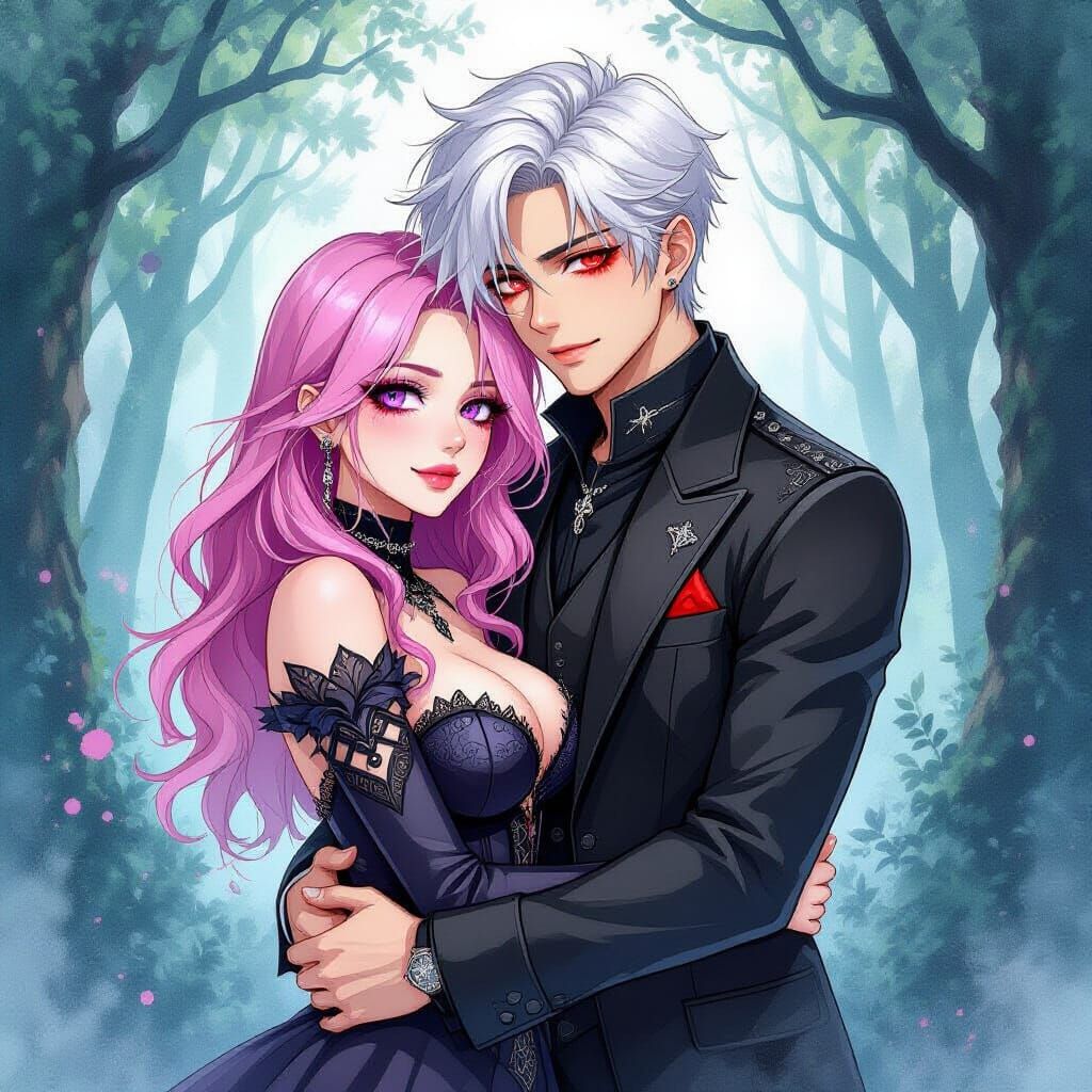 Gothic Couple Hugging in Enchanted Forest Watercolor