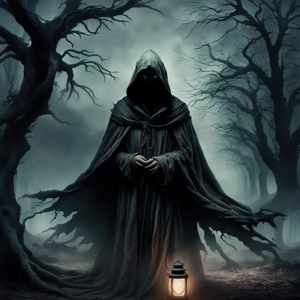 Eerie Hooded Figure in Abandoned Landscape