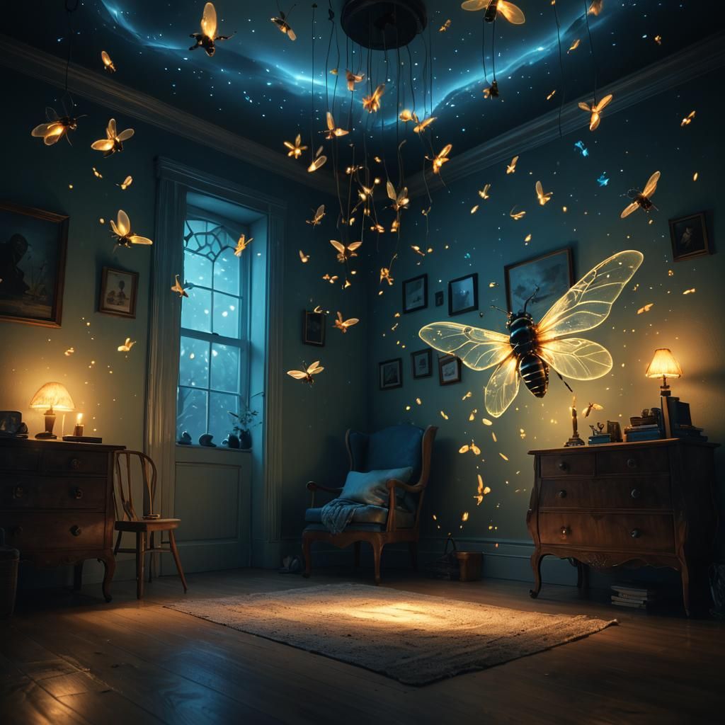 Bioluminescent Firefly Lamp Lights a Spooky Room