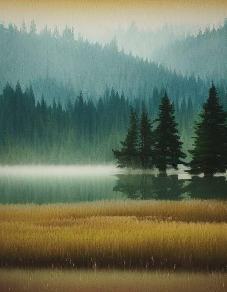 Mountain Oasis Amidst Misty Waters