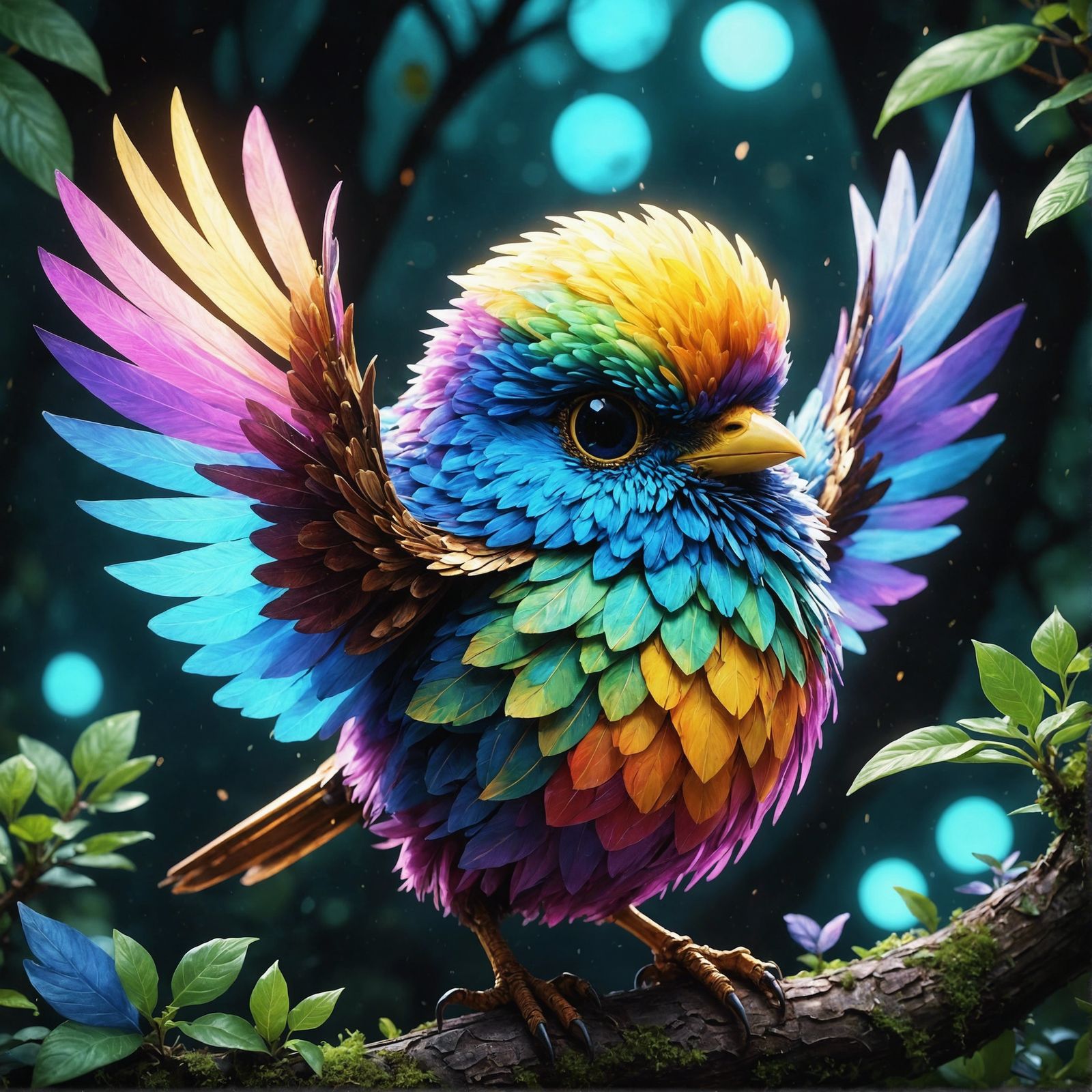 Iridescent Baby Bird in Luminous Forest