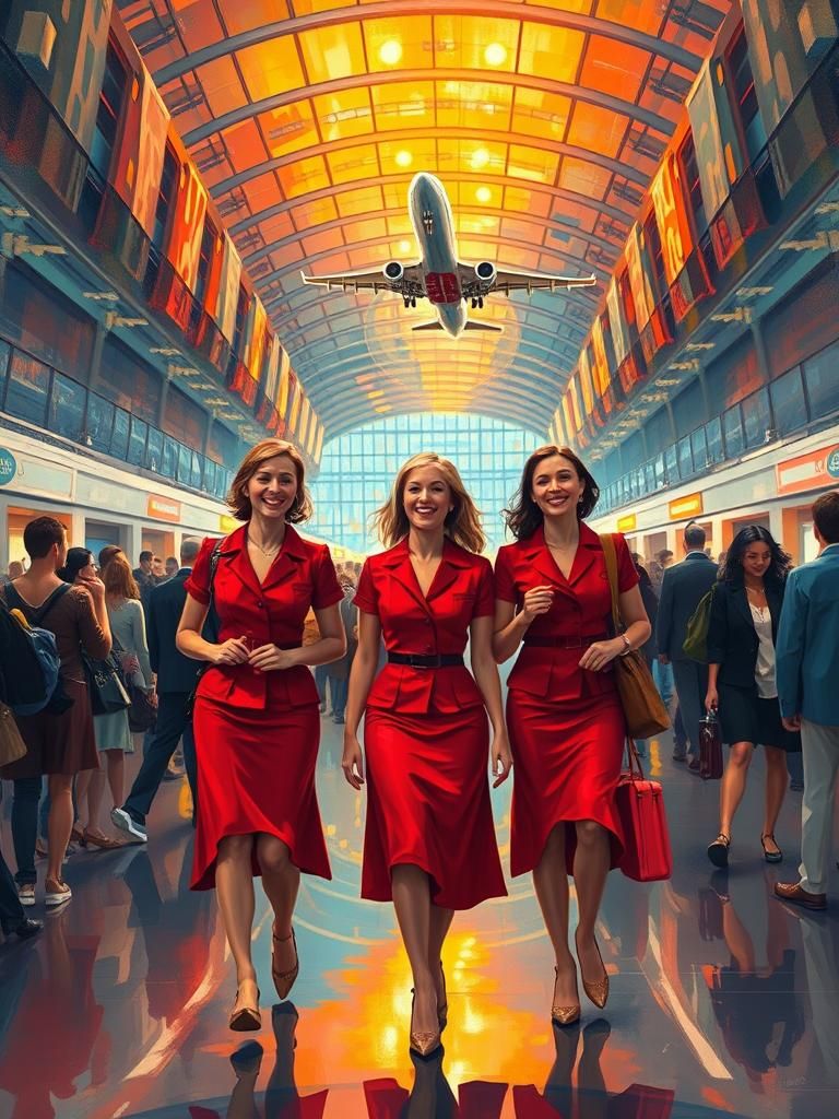 Stewardesses in Airport, a Neo-Impressionist Painting