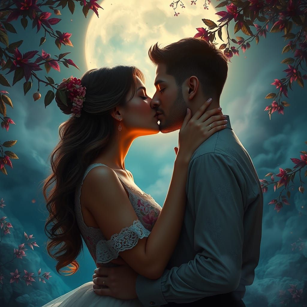 Romantic Couple Kissing Under Moonlight in Epic Matte Painti...