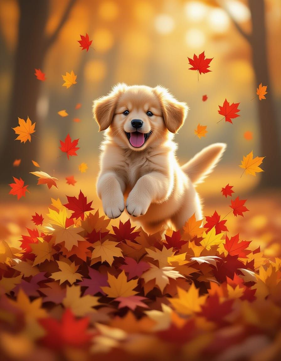 Golden Retriever Puppy Leaps Through Autumn Leaves