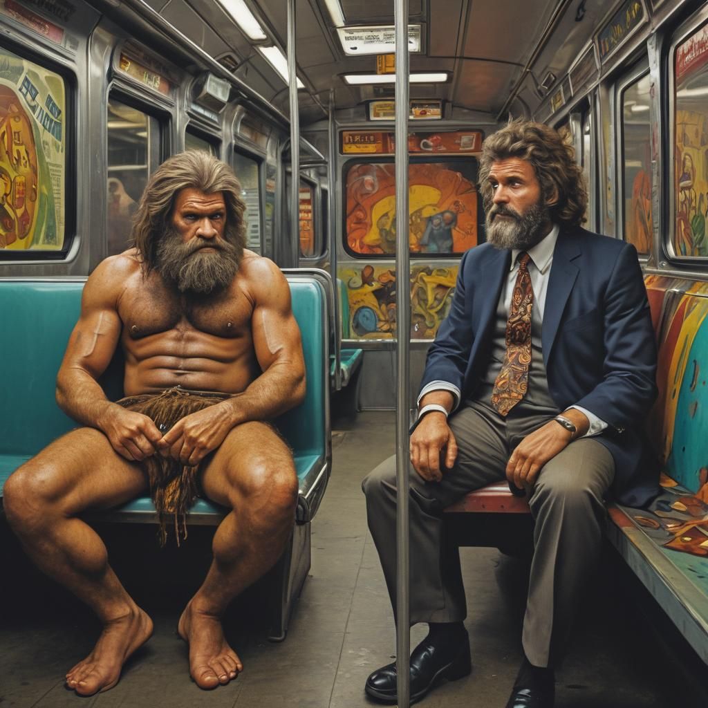 Caveman and Businessman on Subway: Ink Poster