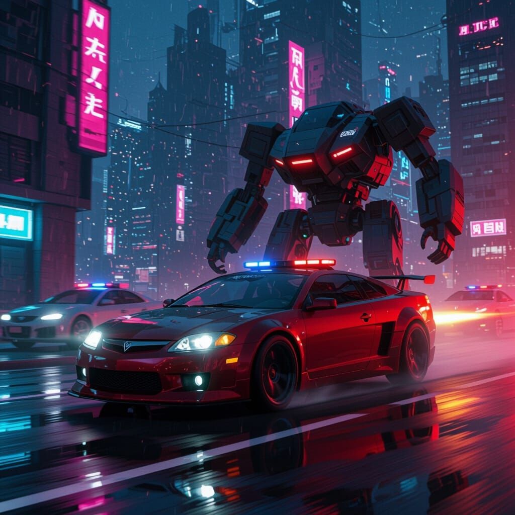 Saturn Redline Chased in Dystopian Cyberpunk Cityscape