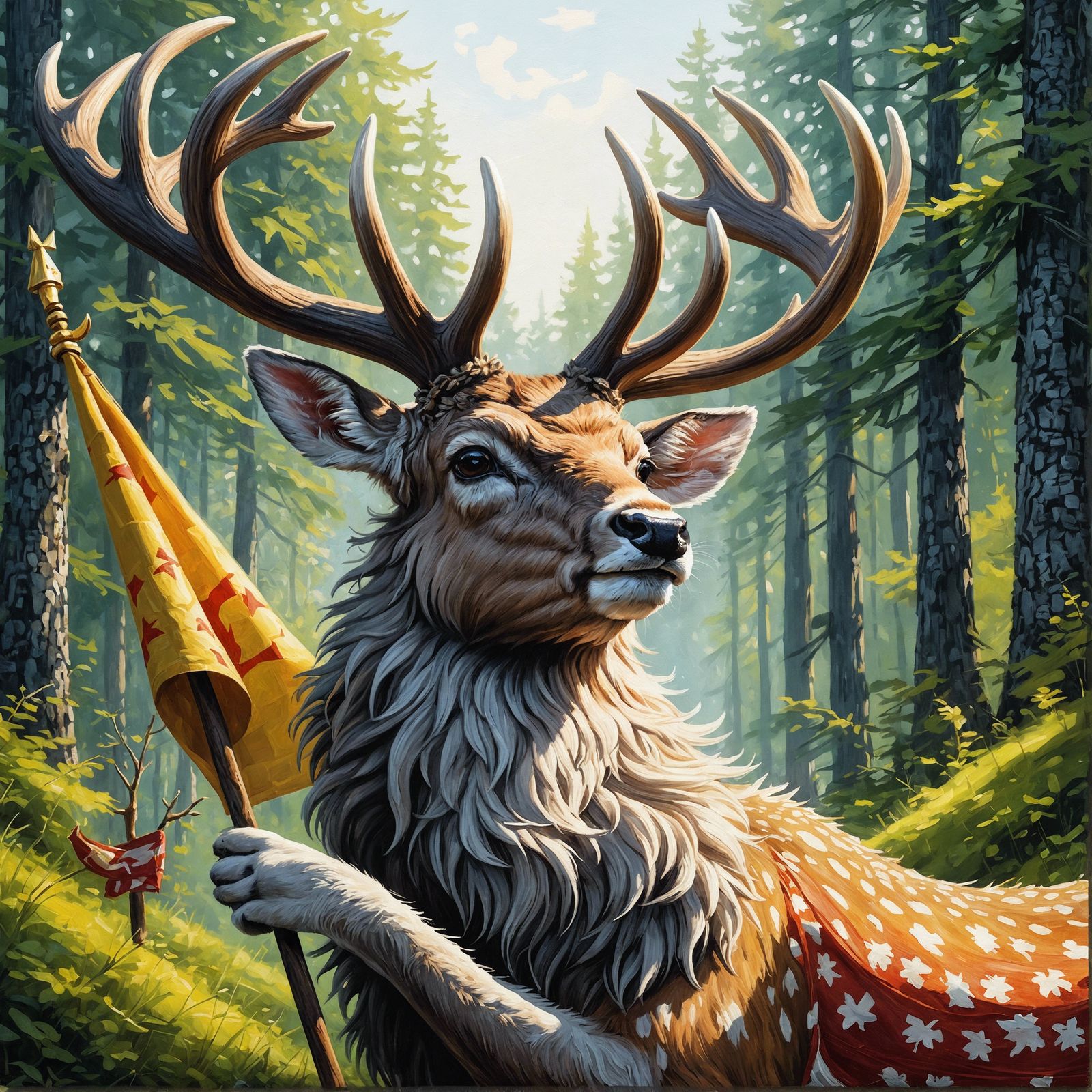 CGI Stag Holding Flag in Sunny Forest