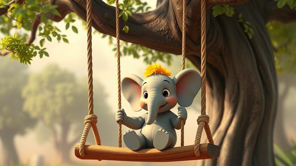 Whimsical Baby Elephant in a Serene Forest Swing