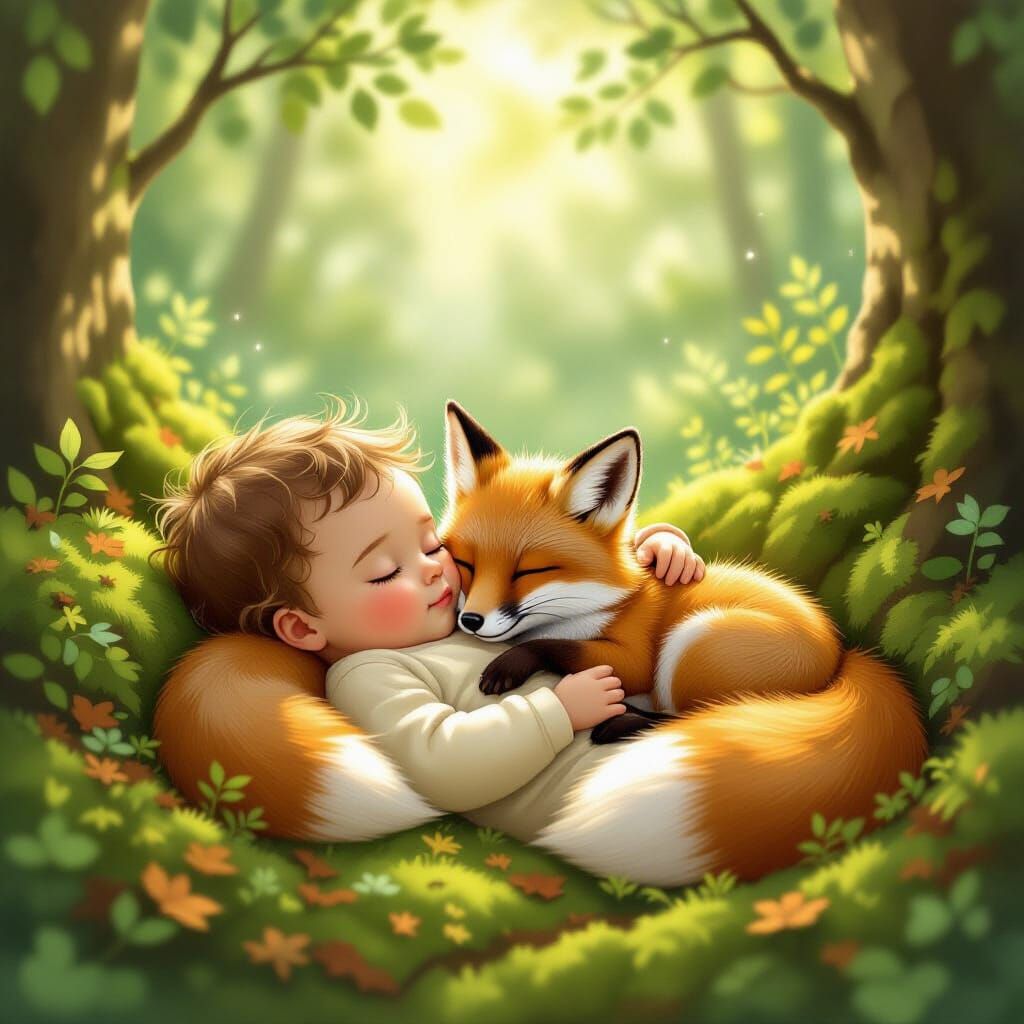 Baby and Fox Sleeping Together in Enchanting Forest