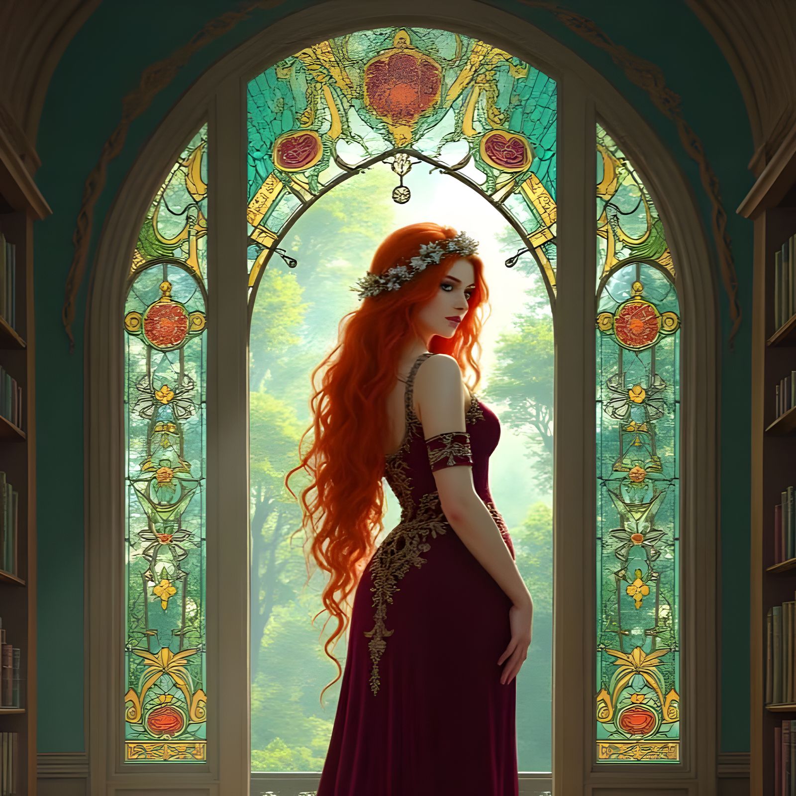 Red-Haired Woman in Grand Library, Art Nouveau Style