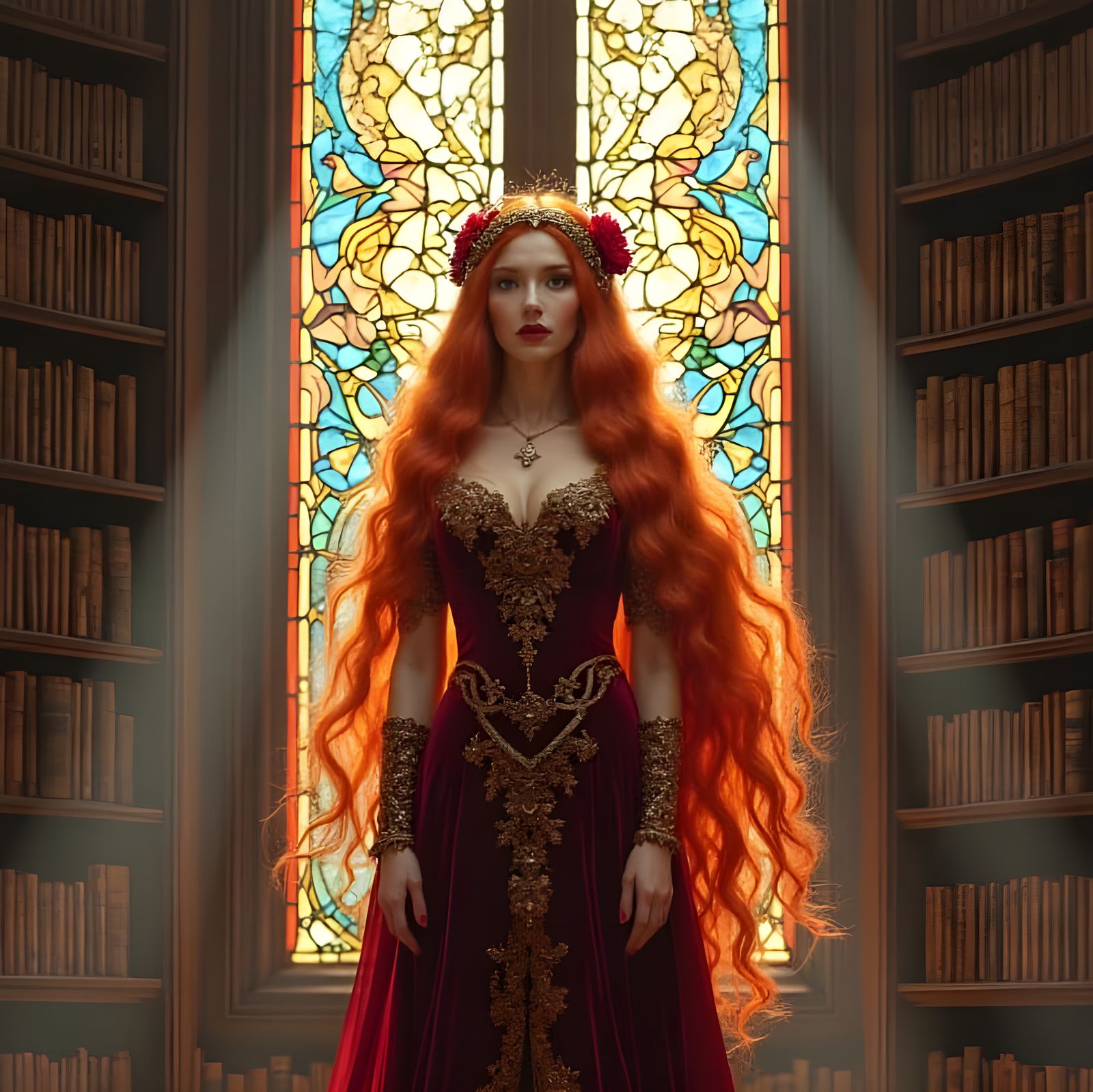 Red-Haired Woman in Grand Library, Art Nouveau Style