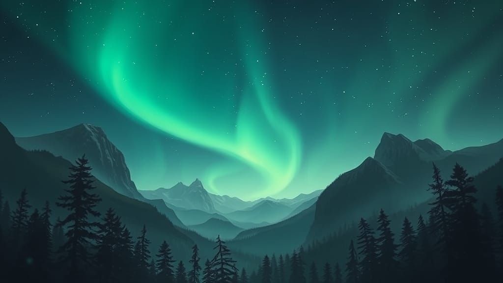 Ethereal Aurora Over Serene Mountains and Trees