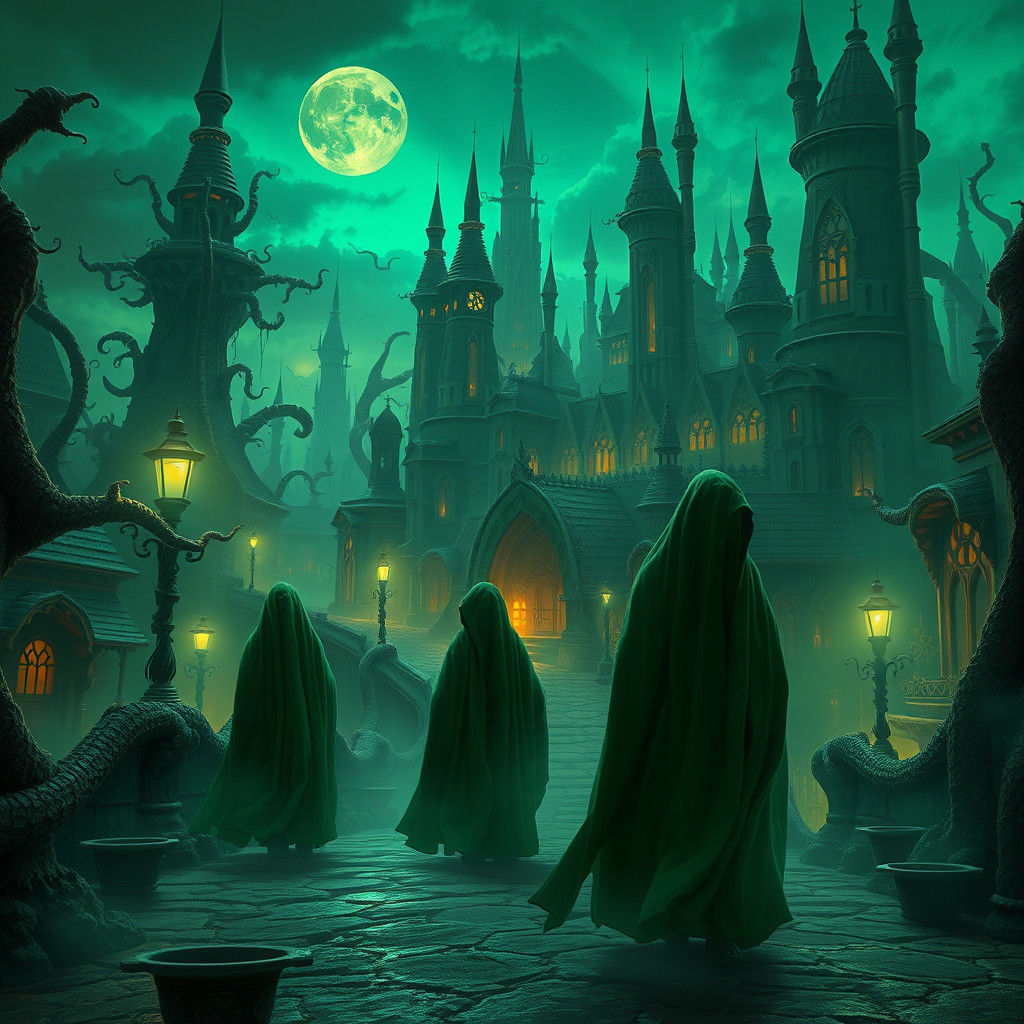 Green Witches in Dystopian Cityscape Concept Art