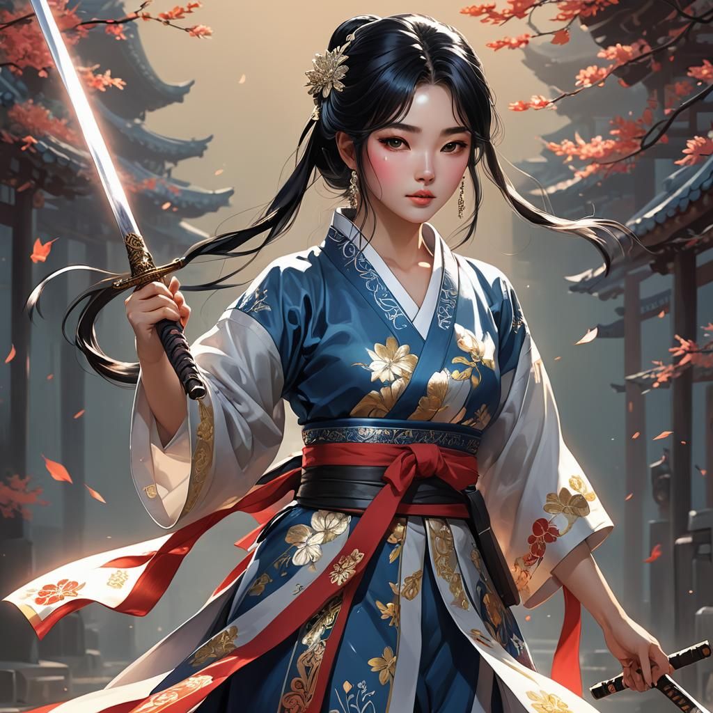 Korean Girl in Traditional Dress, Anime Style