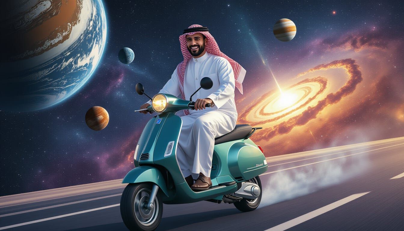 Middle Eastern Man Rides Scooter Through Space