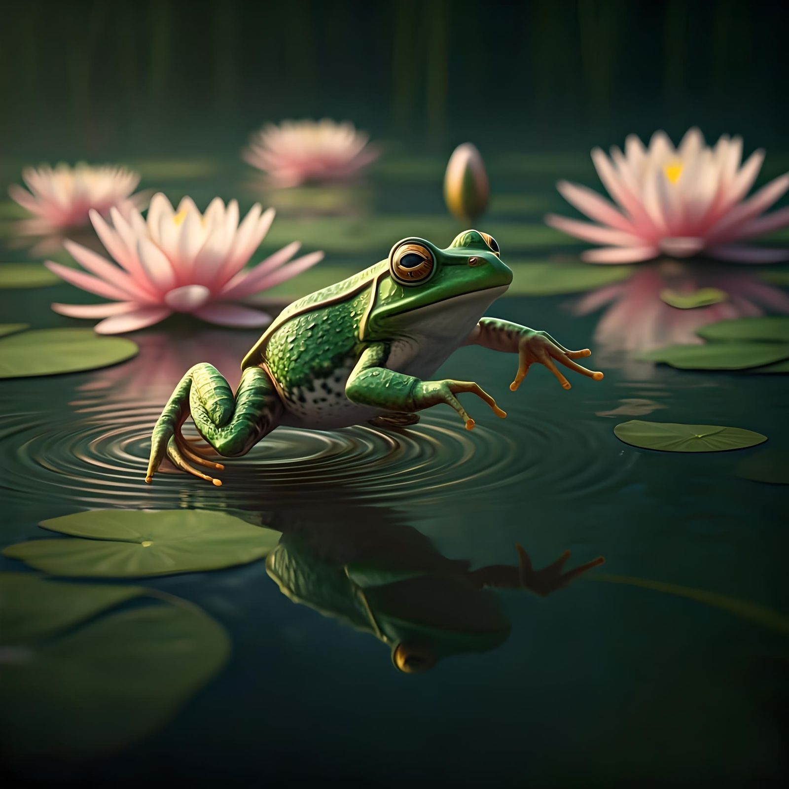 Frog Leaping Across Pond with Pink Lilies