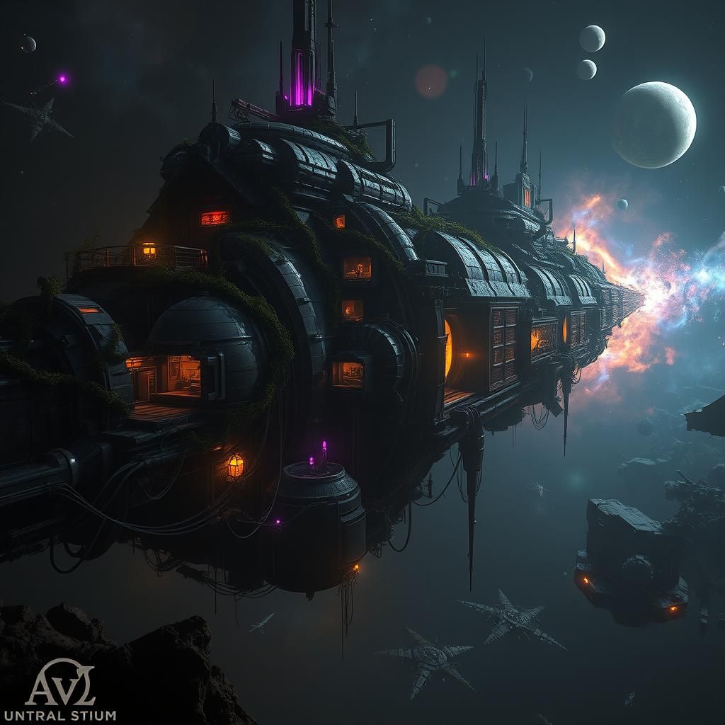 Haunted Spacestation Drifting in Dark Starless Space