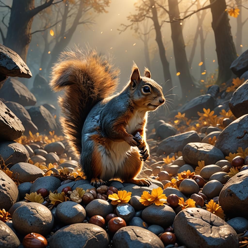 Squirrel Retrieves Walnut in Sparkling Mist