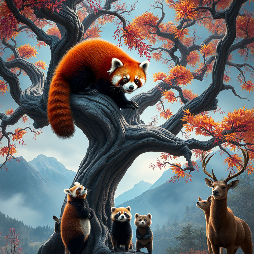 Red Panda Ascends Tree in Dreamlike Matte Painting