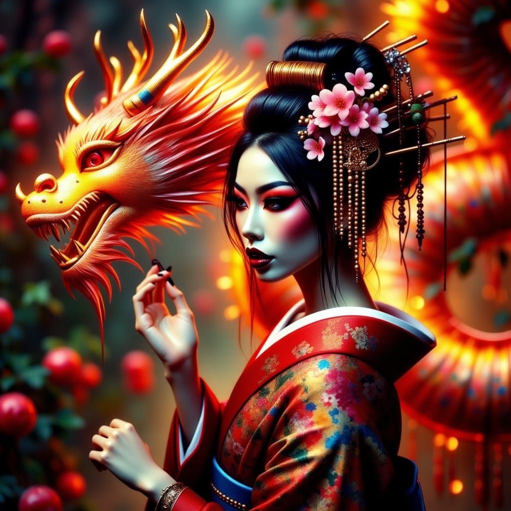 Geisha Dancing with Glimmering Dragon in Cinematic Style