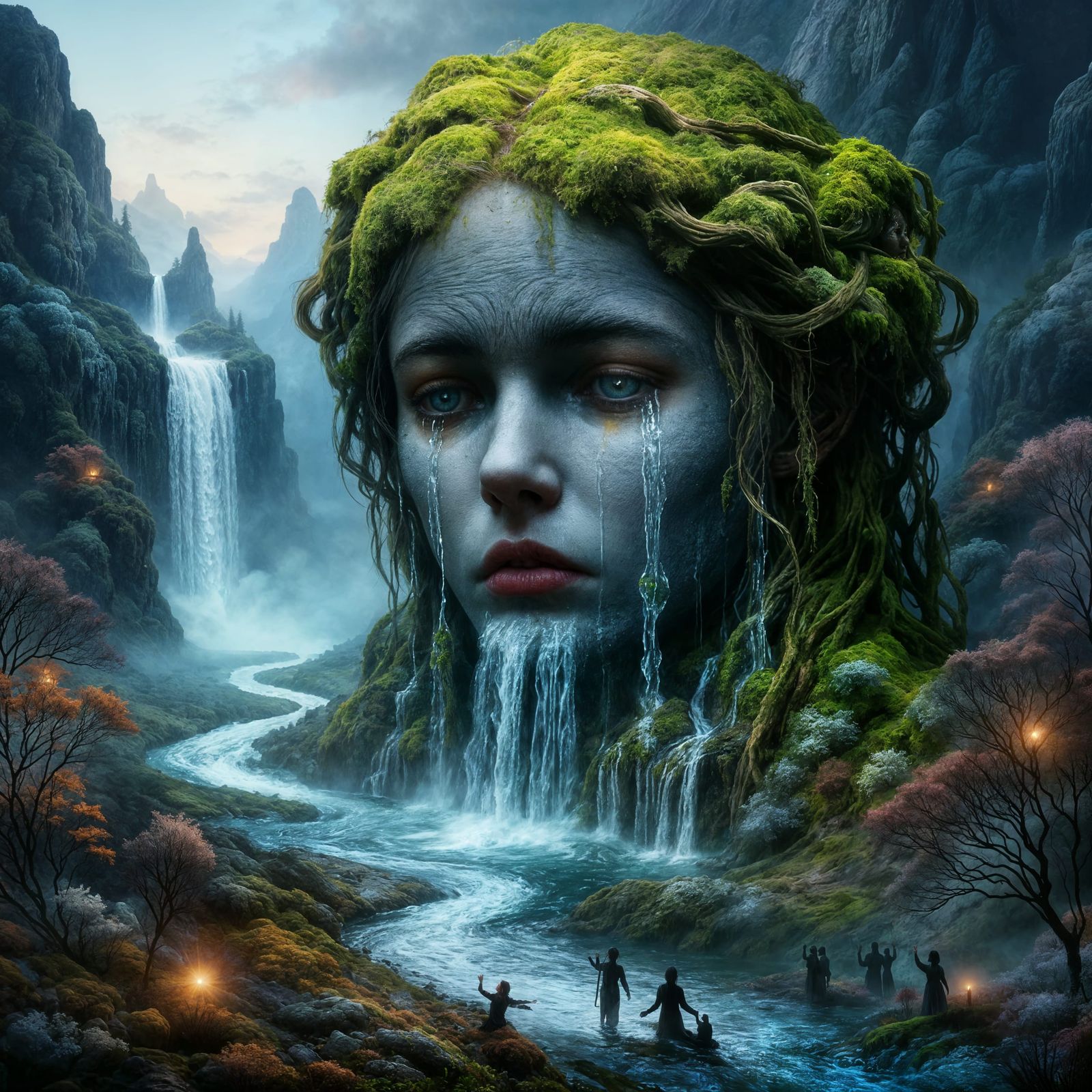 Woman's Face Emerges From Mountain, Moss Hair, Waterfall Tea...