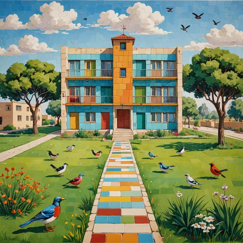 Colorful Kibbutz Scene with Tiled Path