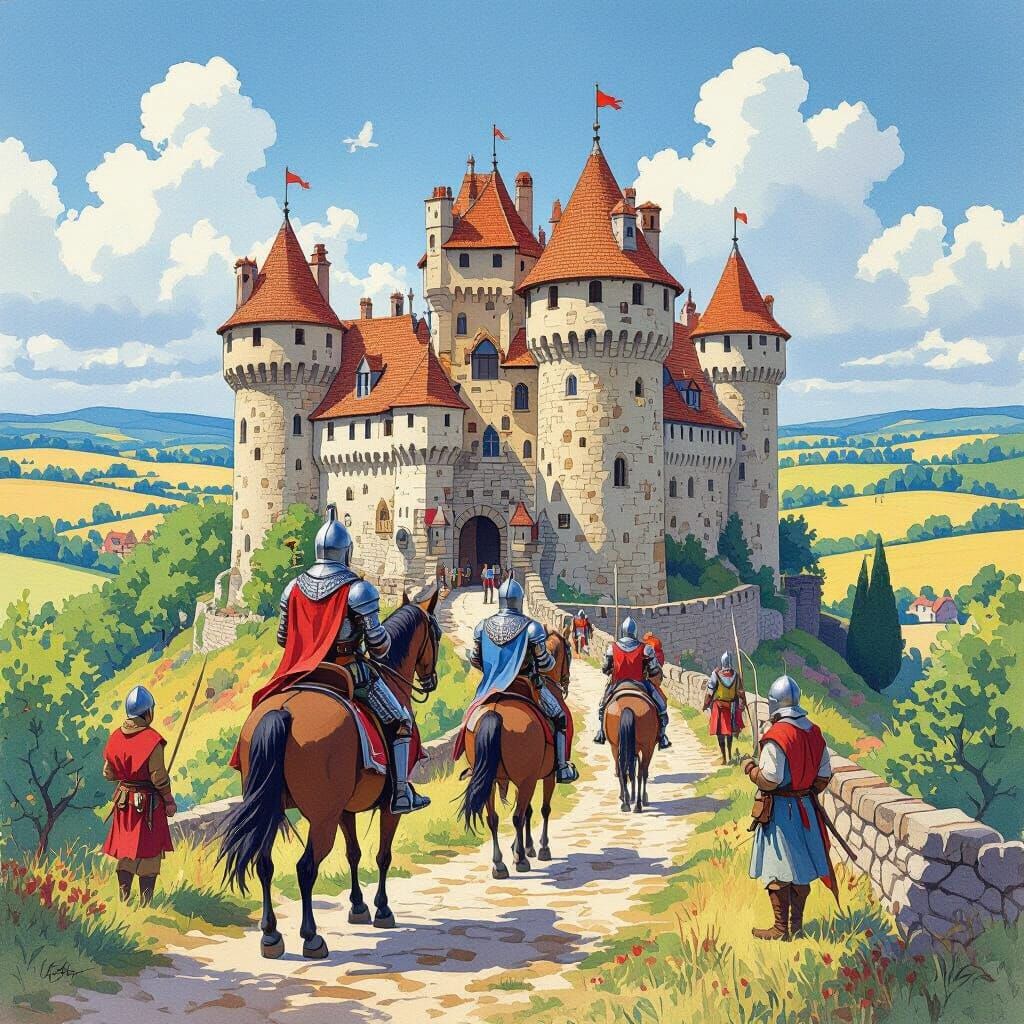 Knights Approaching Medieval Castle in Watercolor Style