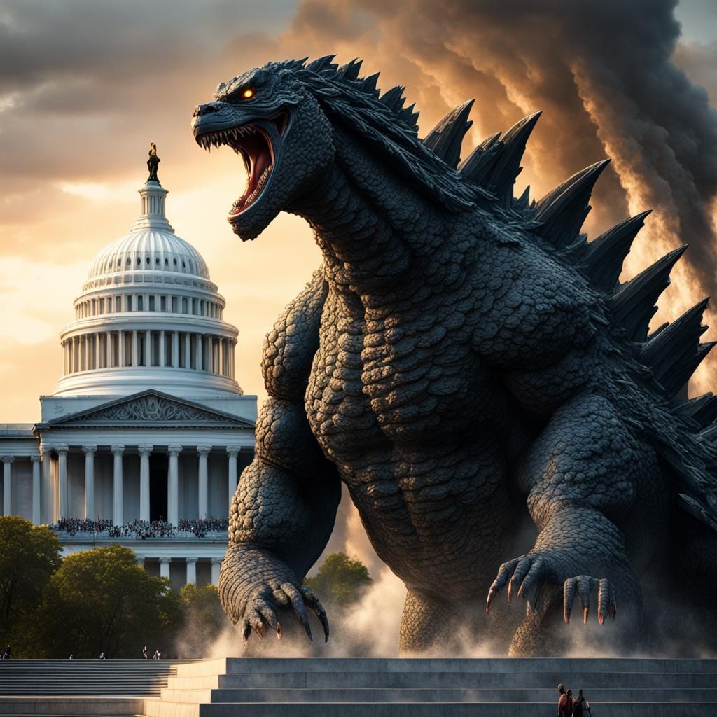 Godzilla's Rampage: Lincoln Memorial Destruction in Detailed...