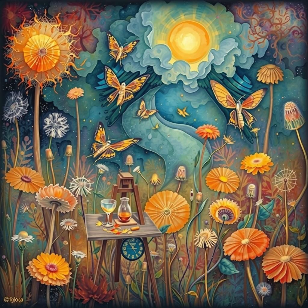 Whimsical Autumn Landscape with Aztec Deity, Surreal Collage...