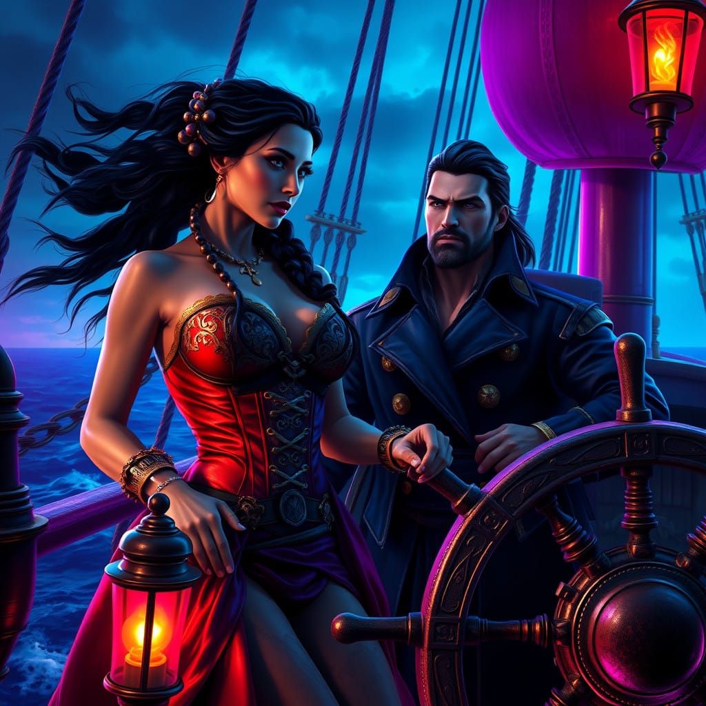 Pirate Empress and Her Dashing First Mate in a Swirling Sea...