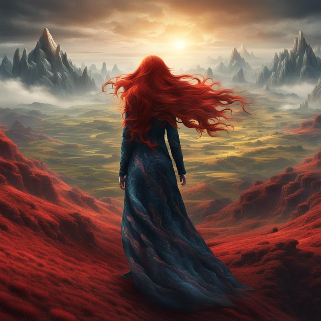 Woman with Fractal Hair on Windswept Hill