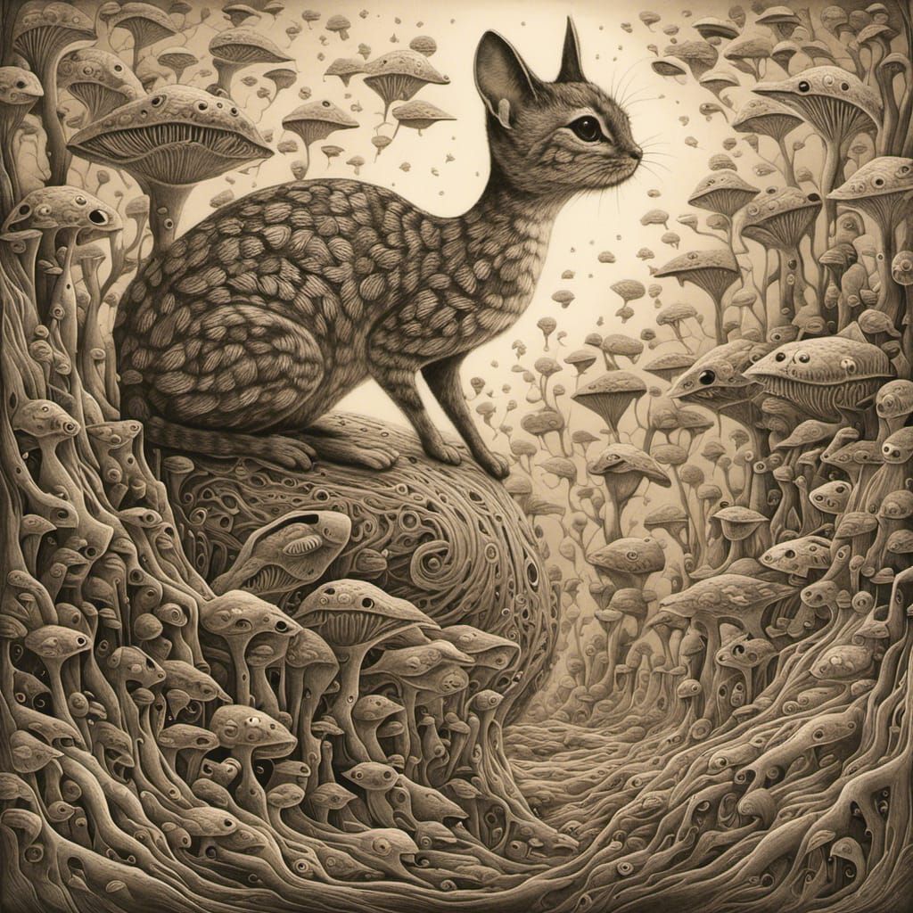 Sepia Woodcut of Impossible Architecture