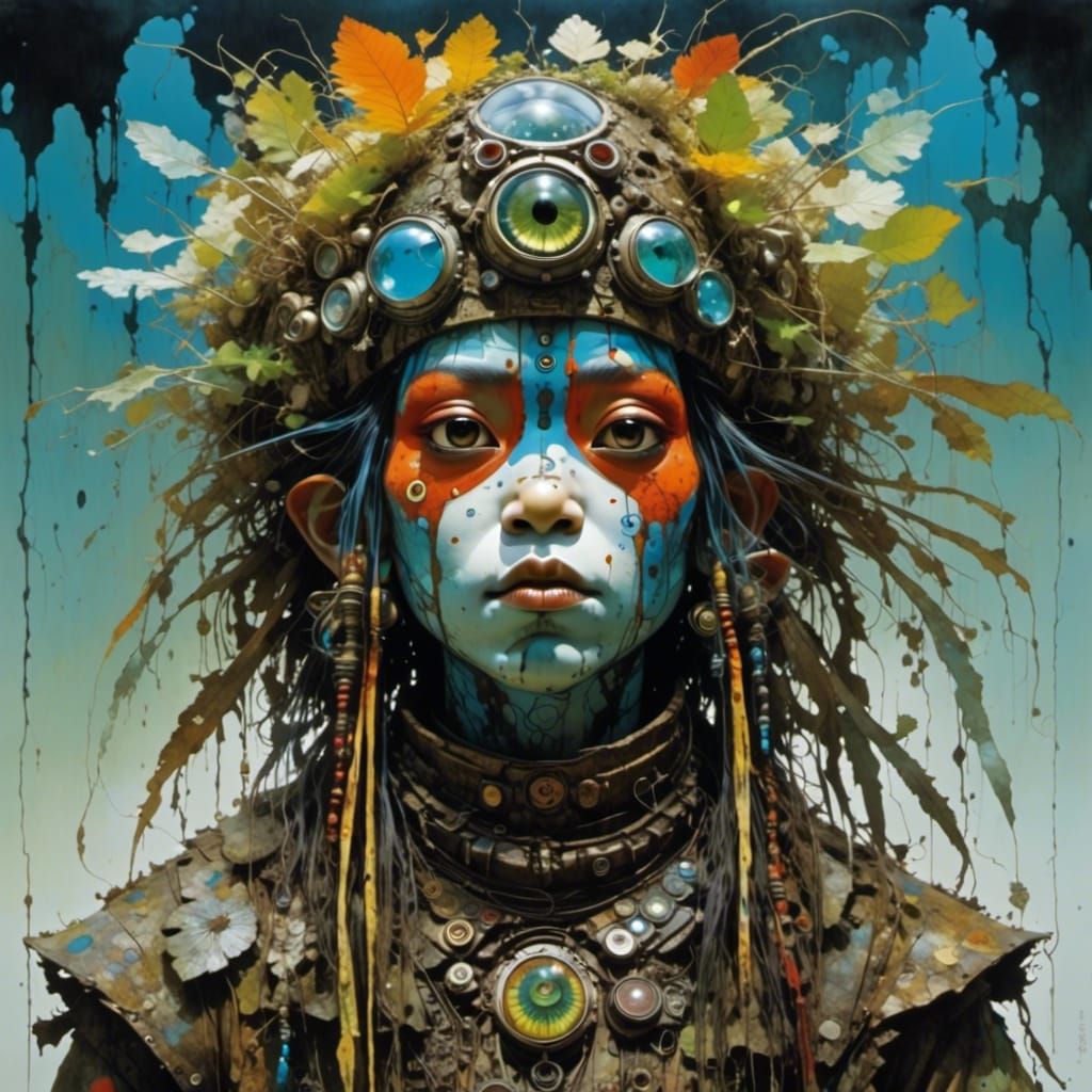 Kwakiutl Hydropunk Shaman Portrait in Acrylic Painting