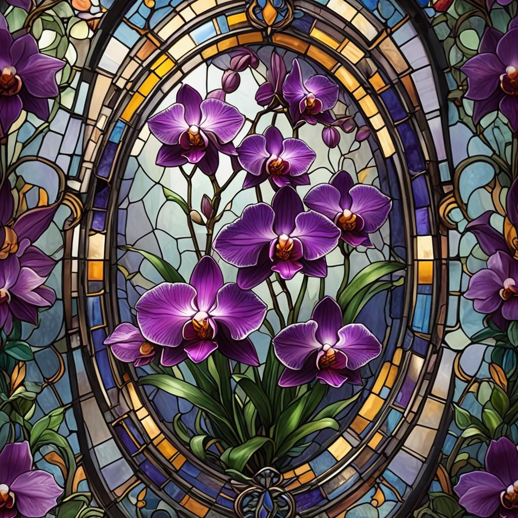 Purple Orchid in Traditional Stained Glass Oval