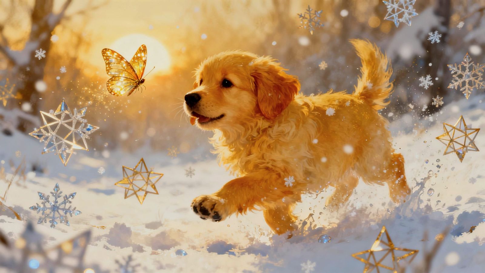 Golden Puppy Chases Butterfly in Magical Winter Wonderland