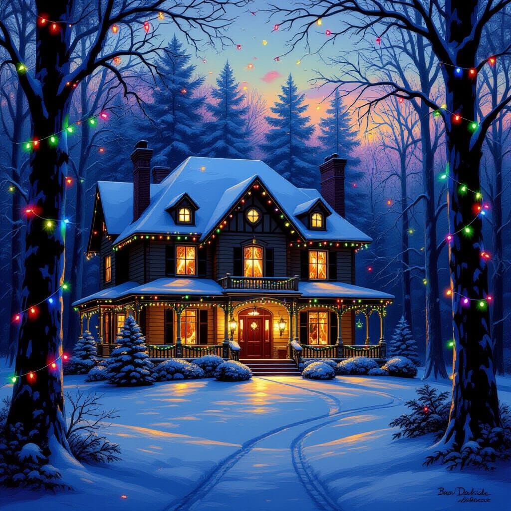 Christmas Mansion Aglow with Festive Lights