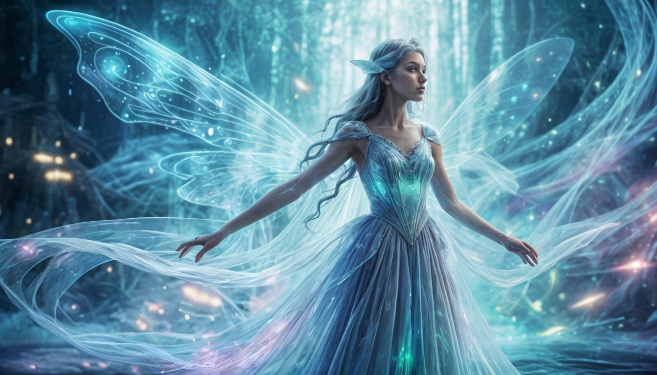 Holographic Fairy Shimmering in Ethereal Aura