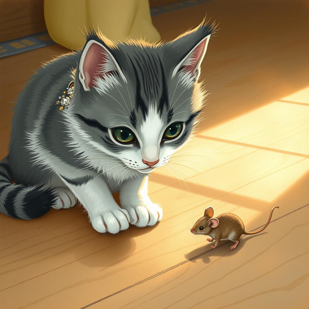 Kitten Watches Mouse, Whimsical Art Style