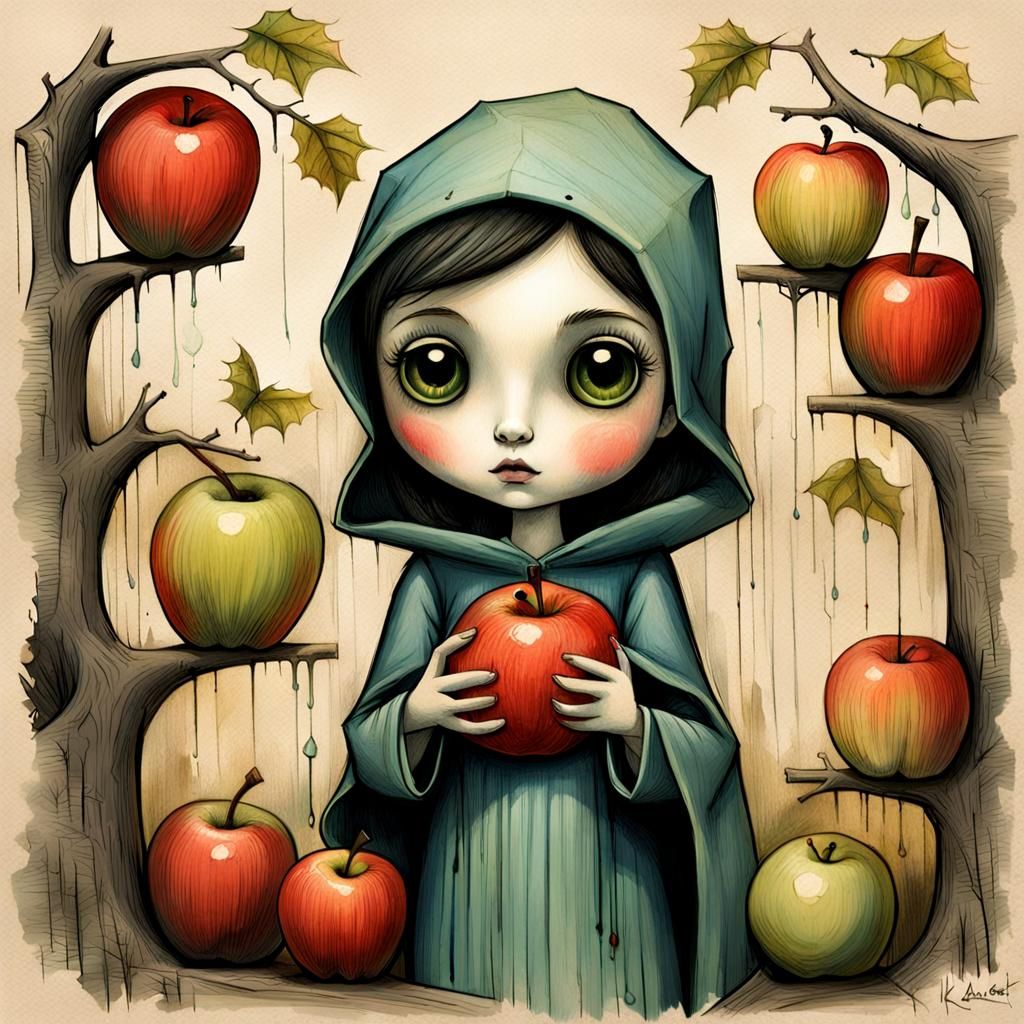 Girl Feeds Bat an Apple: Whimsical Sketch