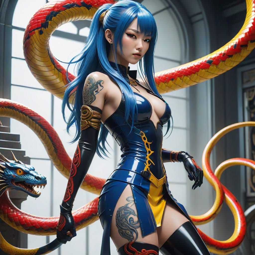 Asian Avant-Garde Anime Goddess with Blue Hair and Yellow Sn...