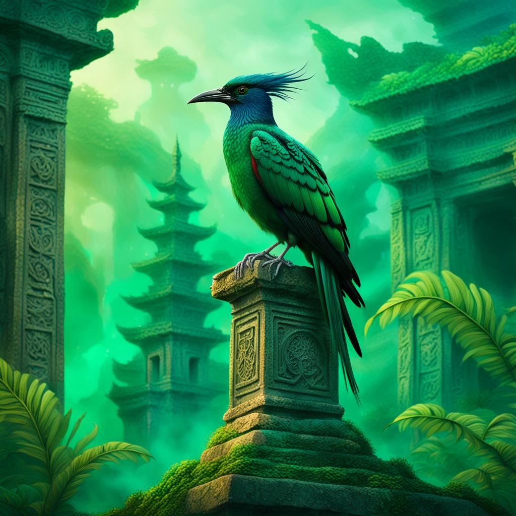 Vibrant Fantasy Creature Perched on Ancient Temple Ruin