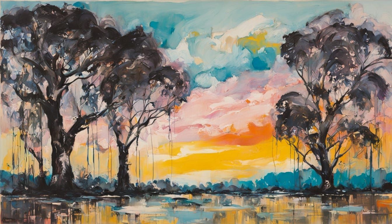 Australian Sunset Landscapes in Vibrant Ink Style