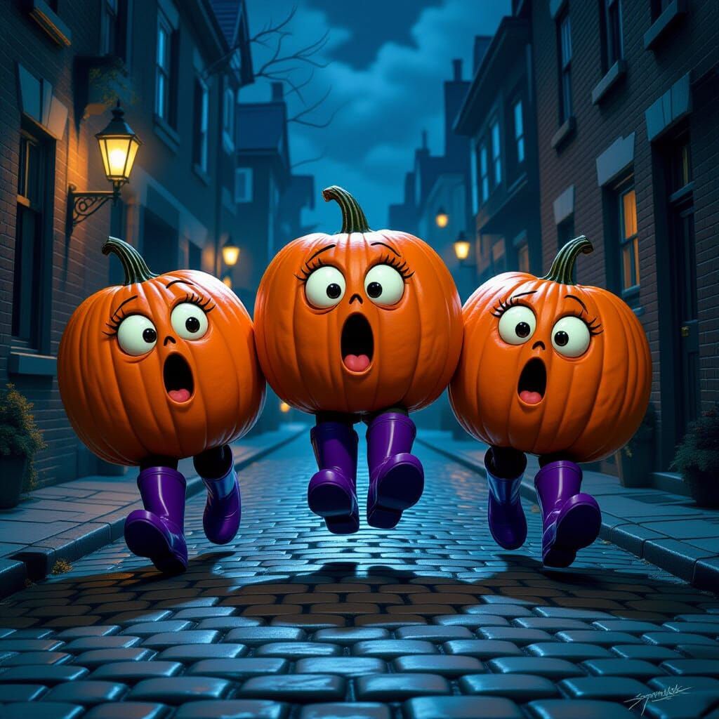 Extra Large Pumpkins in Purple Boots on Cobblestone Street