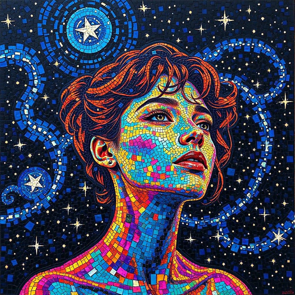 Iridescent Mosaic Woman in Starry Night Sky