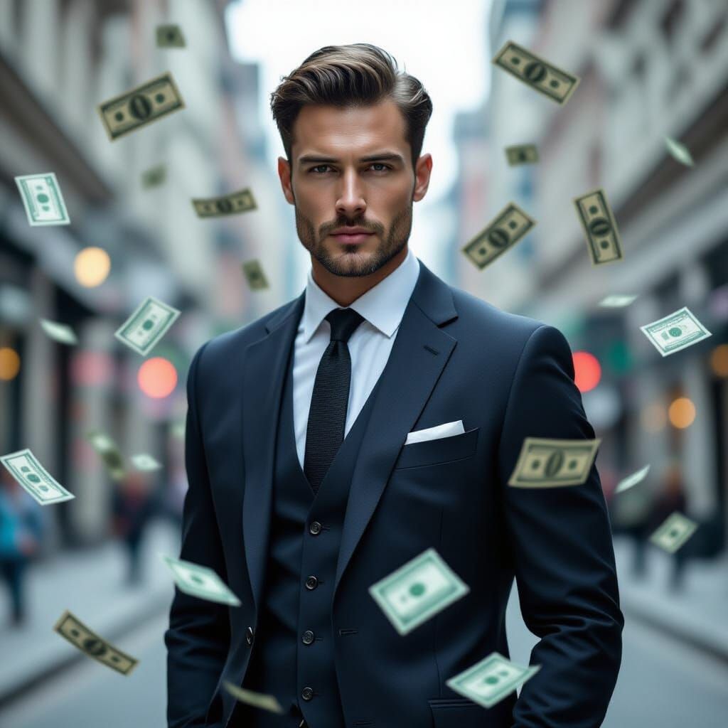 Double Exposure: Man Surrounded by Money